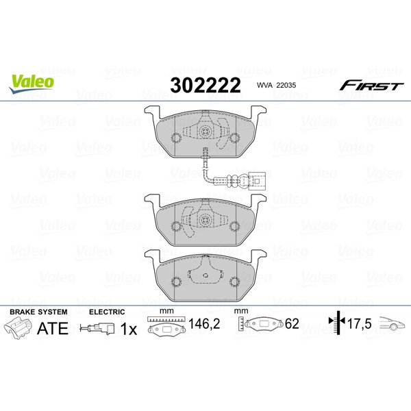 Слика на комплет феродо, дискови кочници VALEO FIRST 302222 за Audi A3 Sedan (8VS) 1.6 TDI - 105 коњи дизел