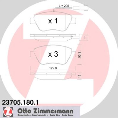 Слика на комплет феродо, дискови кочници ZIMMERMANN 23705.180.1 за Lancia Musa (350) 1.3 D Multijet - 70 коњи дизел