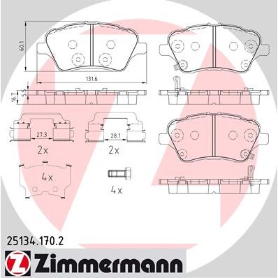 Слика на комплет феродо, дискови кочници ZIMMERMANN 25134.170.2 за Ford B-Max 1.4 LPG - 90 коњи Бензин/Автогаз (LPG)