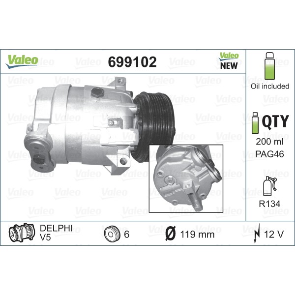 Слика на Компресор за клима VALEO NEW ORIGINAL PART 699102 за Opel Astra G Saloon 1.8 16V - 125 коњи бензин