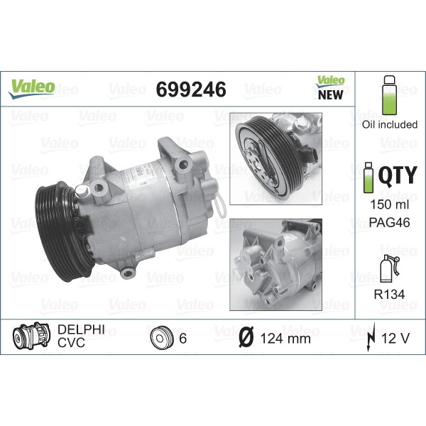 Слика на Компресор за клима VALEO NEW ORIGINAL PART 699246 за Renault Megane 2 Hatchback 1.6 16V (BM0C, CM0C) - 113 коњи бензин