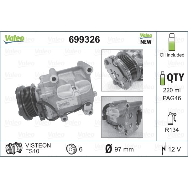 Слика на Компресор за клима VALEO NEW ORIGINAL PART 699326 за Ford Fiesta 5 (jh,jd) 1.25 16V - 70 коњи бензин