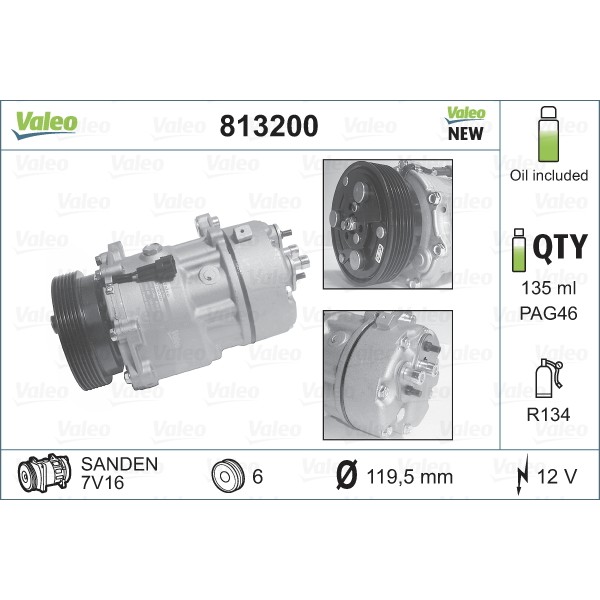 Слика на Компресор за клима VALEO NEW ORIGINAL PART 813200 за VW Beetle (9C1,1C1) 1.6 - 102 коњи бензин