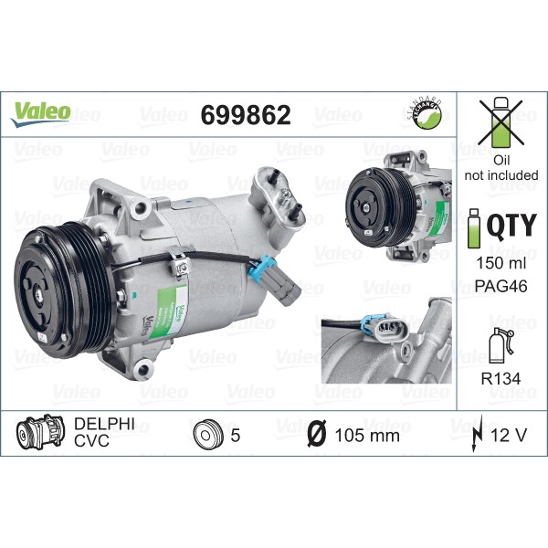 Слика на Компресор за клима VALEO REMANUFACTURED 699862 за Opel Astra G Coupe 1.6 16V - 103 коњи бензин