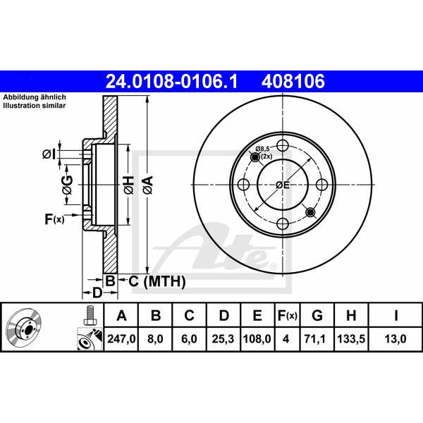 Слика на кочионен диск ATE 24.0108-0106.1 за Citroen Saxo S0,S1 1.6 VTS - 98 коњи бензин