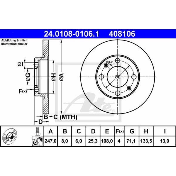 Слика на кочионен диск ATE 24.0108-0106.1 за Citroen ZX Break N2 1.9 D - 64 коњи дизел