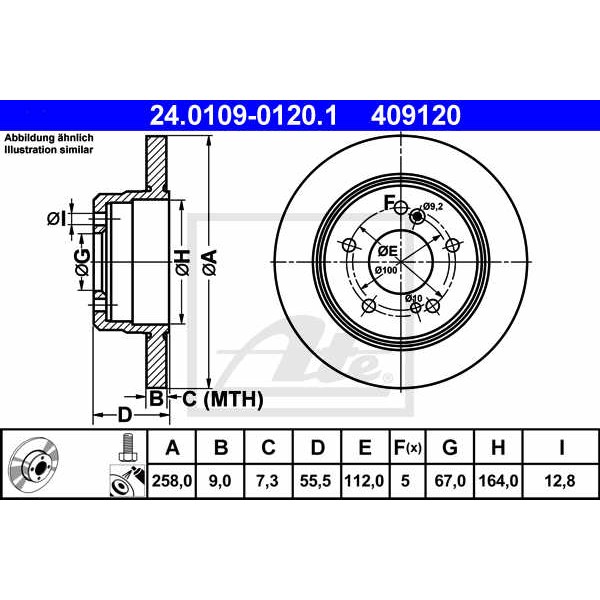 Слика на кочионен диск ATE 24.0109-0120.1 за Mercedes C-class Saloon (w202) C 220 CDI (202.133) - 125 коњи дизел