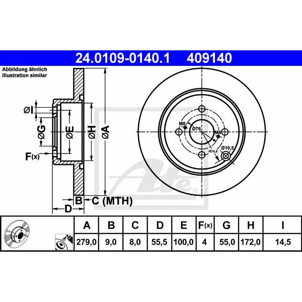 Слика на кочионен диск ATE 24.0109-0140.1 за Toyota Corolla Wagon (E12J,E12T) 1.8 - 136 коњи бензин