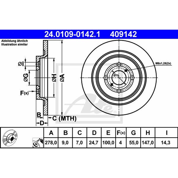 Слика на кочионен диск ATE 24.0109-0142.1 за Toyota Yaris (P9) 1.33 VVT-i - 99 коњи бензин