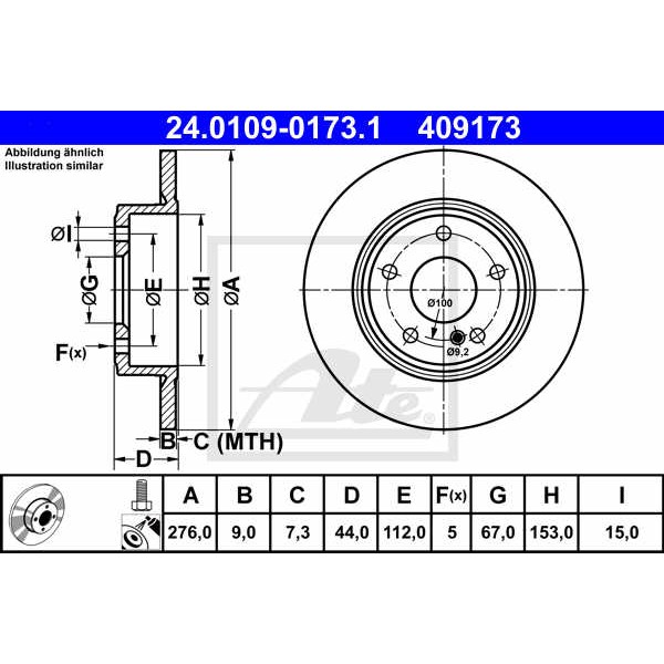 Слика на кочионен диск ATE 24.0109-0173.1 за Mercedes B-Class (w246) B 200 CDI (246.201) - 136 коњи дизел