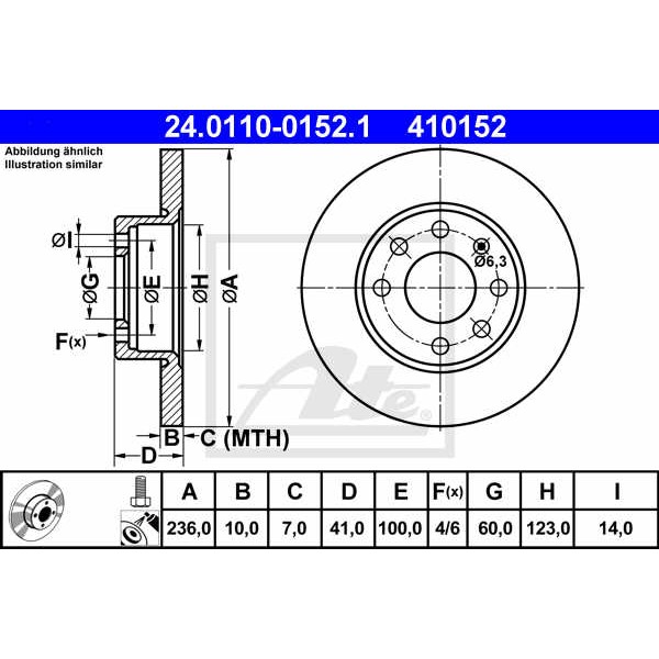 Слика на кочионен диск ATE 24.0110-0152.1 за Opel Kadett E Convertible 1.3 S - 75 коњи бензин