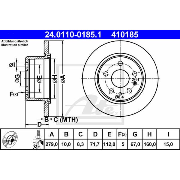 Слика на кочионен диск ATE 24.0110-0185.1 за Mercedes-Benz S-class (w126) 260 SE (126.020) - 160 коњи бензин