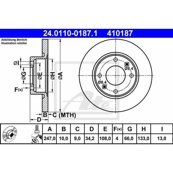 Слика на кочионен диск ATE 24.0110-0187.1 за Peugeot 205 (741A,C) 1.4 - 60 коњи бензин