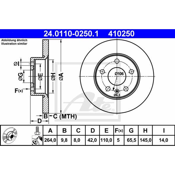 Слика на кочионен диск ATE 24.0110-0250.1 за Opel Astra G Hatchback 2.2 DTI - 125 коњи дизел