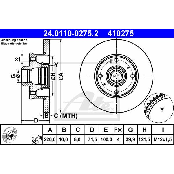 Слика на кочионен диск ATE 24.0110-0275.2 за Seat Toledo (1L) 1.6 i - 101 коњи бензин