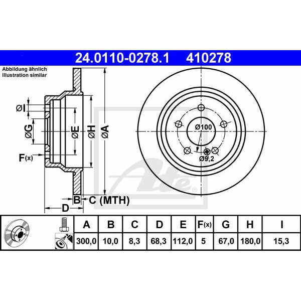 Слика на кочионен диск ATE 24.0110-0278.1 за Mercedes E-class Saloon (w211) E 270 CDI (211.016) - 163 коњи дизел