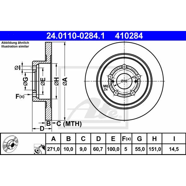 Слика на кочионен диск ATE 24.0110-0284.1 за Toyota Avensis Liftback (T22) 1.8 VVT-i - 129 коњи бензин