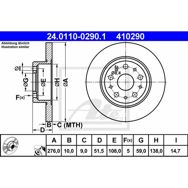 Слика на кочионен диск ATE 24.0110-0290.1 за Alfa Romeo 166 Sedan 2.0 V6 (936A3___) - 205 коњи бензин