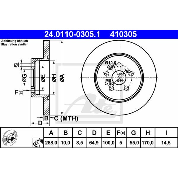 Слика на кочионен диск ATE 24.0110-0305.1 за Toyota Avensis Liftback (T22) 1.6 VVT-i - 110 коњи бензин