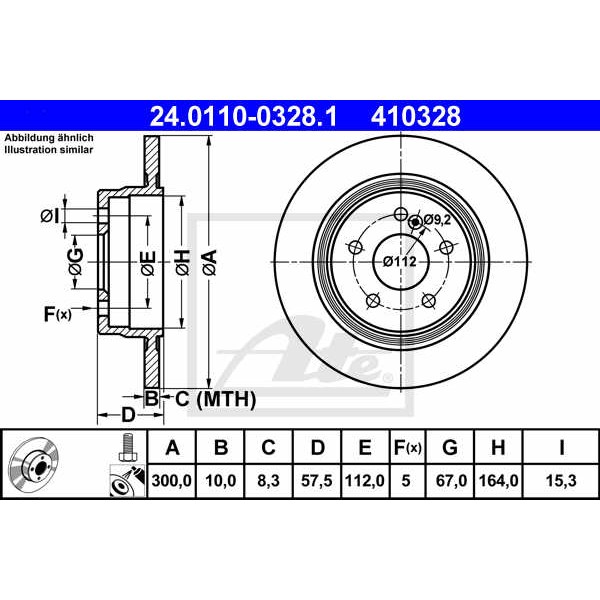 Слика на кочионен диск ATE 24.0110-0328.1 за Mercedes E-class Convertible (a207) E 200 (207.434) - 184 коњи бензин