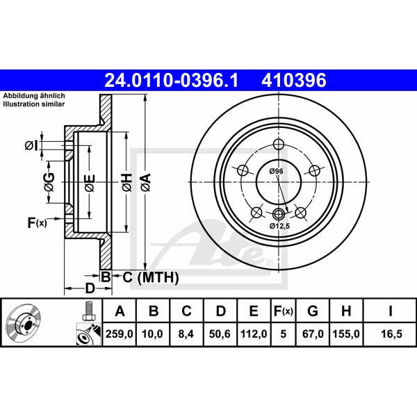 Слика на кочионен диск ATE 24.0110-0396.1 за Mini (F56) One First - 75 коњи бензин