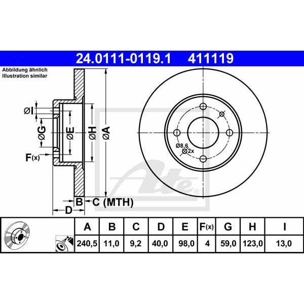 Слика на кочионен диск ATE 24.0111-0119.1 за Fiat Panda (312) 0.9 4x4 - 86 коњи бензин