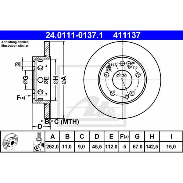 Слика на кочионен диск ATE 24.0111-0137.1 за Mercedes 190 (w201) E 2.0 (201.024) - 113 коњи бензин