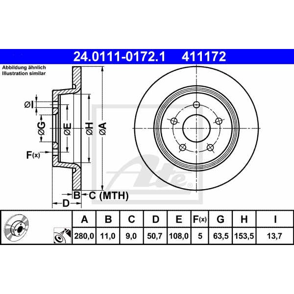 Слика на кочионен диск ATE 24.0111-0172.1 за Ford Kuga 2 (dm2) 1.5 TDCi - 120 коњи дизел