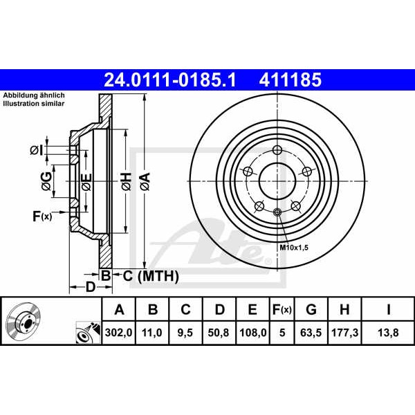 Слика на кочионен диск ATE 24.0111-0185.1 за Ford Mondeo 5 Turnier 2.0 TDCi Bi-Turbo - 210 коњи дизел