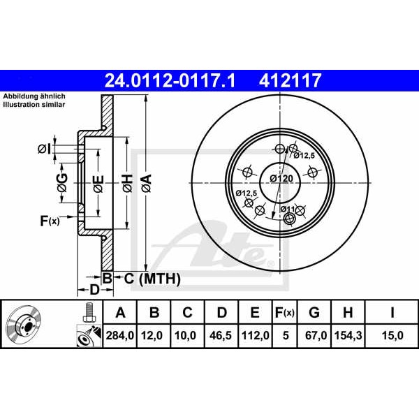 Слика на кочионен диск ATE 24.0112-0117.1 за Mercedes S-class Saloon (w124) 200 D (124.120) - 72 коњи дизел