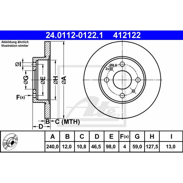 Слика на кочионен диск ATE 24.0112-0122.1 за Fiat Uno (146 A,E) 1.2 - 82 коњи бензин