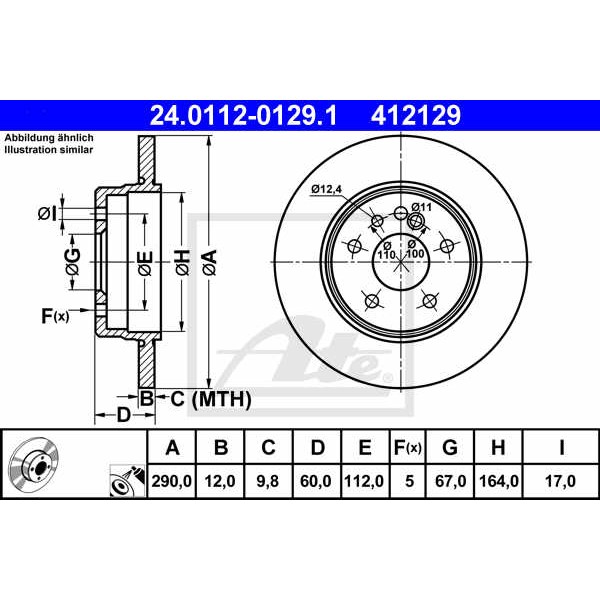 Слика на кочионен диск ATE 24.0112-0129.1 за Mercedes S-class Saloon (w140) 300 SE  2.8 (140.028) - 197 коњи бензин