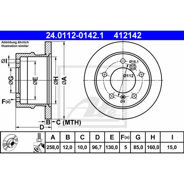 Слика на кочионен диск ATE 24.0112-0142.1 за Mercedes Sprinter 2-t Platform (901,902) 216 CDI - 156 коњи дизел