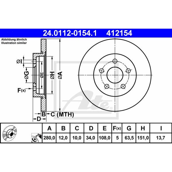 Слика на кочионен диск ATE 24.0112-0154.1 за Ford Mondeo 3 (B5Y) 3.0 V6 24V - 204 коњи бензин