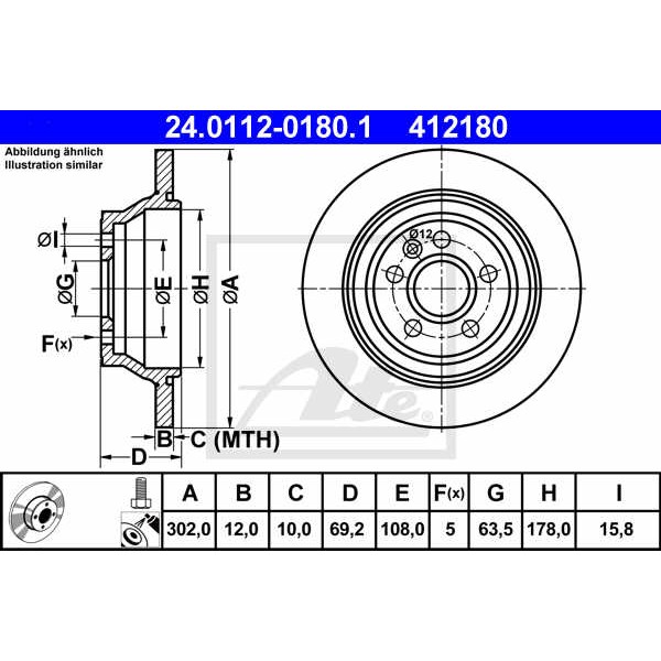 Слика на кочионен диск ATE 24.0112-0180.1 за Volvo V70 Estate 2.0 GDI - 214 коњи бензин