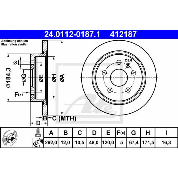 Слика на кочионен диск ATE 24.0112-0187.1 за Saab 9-5 Sedan (YS3G) 2.0 TiD - 160 коњи дизел