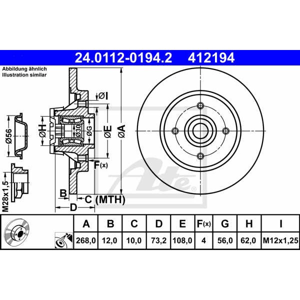 Слика на кочионен диск ATE 24.0112-0194.2 за Peugeot Partner Box 1.6 HDi - 90 коњи дизел