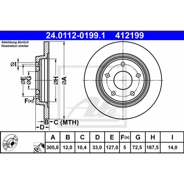 Слика на кочионен диск ATE 24.0112-0199.1 за Fiat Freemont JC 2.0 JTD 4x4 - 170 коњи дизел