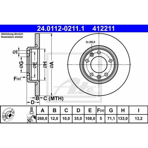 Слика на кочионен диск ATE 24.0112-0211.1 за Citroen Grand C4 Space Tourer 2.0 BlueHDi 150 - 150 коњи дизел