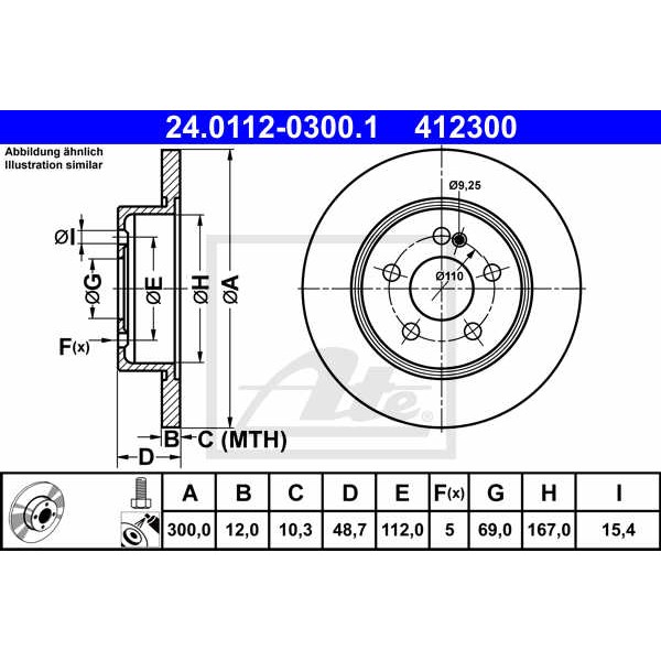 Слика на кочионен диск ATE 24.0112-0300.1 за Mercedes C-Class Convertible (A205) C 300 d (205.418) - 245 коњи дизел