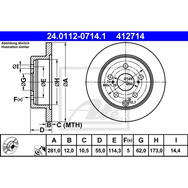 Слика на кочионен диск ATE 24.0112-0714.1 за Toyota RAV4 2.4 VVTi - 170 коњи бензин