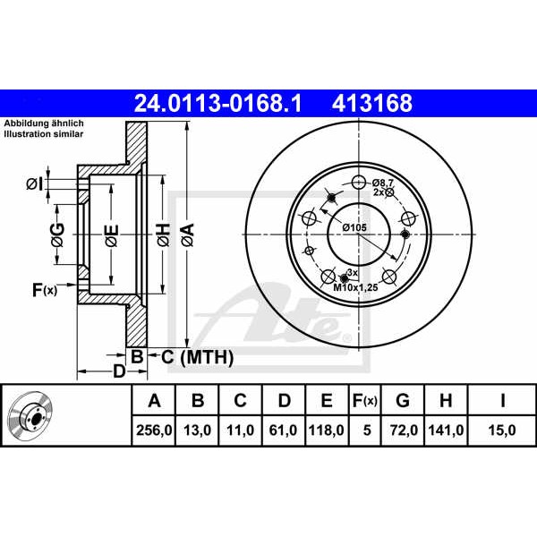 Слика на кочионен диск ATE 24.0113-0168.1 за Fiat Ducato BOX 280 2.0 - 84 коњи бензин