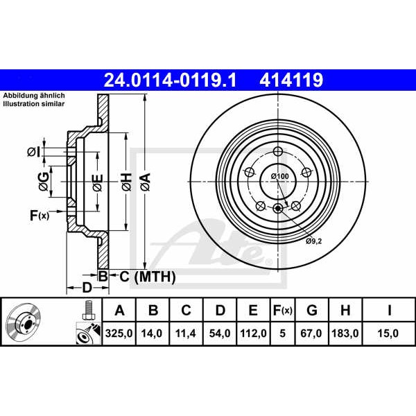 Слика на кочионен диск ATE 24.0114-0119.1 за Mercedes ML-class (w166) ML 350 BlueTEC 4-matic (166.024) - 258 коњи дизел