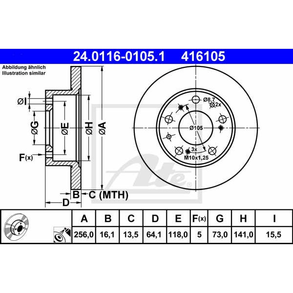 Слика на кочионен диск ATE 24.0116-0105.1 за Fiat Ducato Panorama 290 1.9 D - 71 коњи дизел