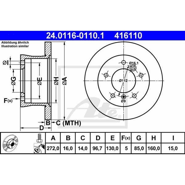 Слика на кочионен диск ATE 24.0116-0110.1 за Mercedes Sprinter 2-t Platform (901,902) 210 D - 102 коњи дизел