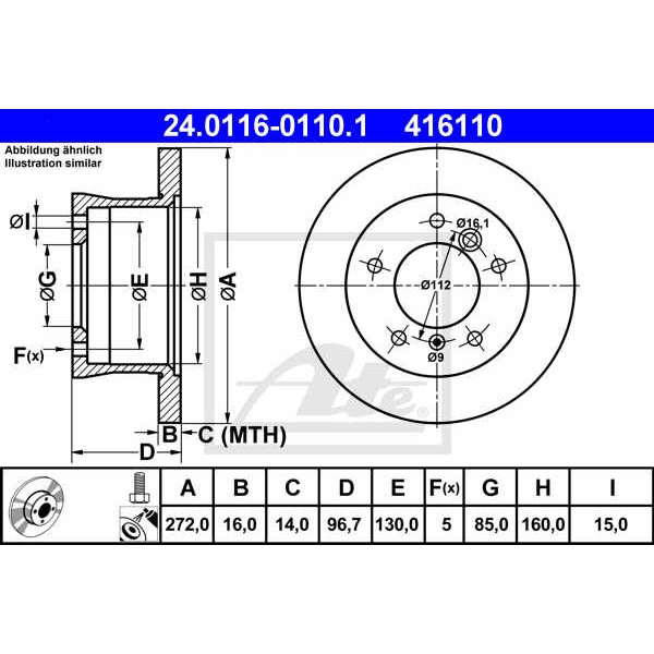 Слика на кочионен диск ATE 24.0116-0110.1 за Mercedes Sprinter 3-t Platform (903) 311 CDI - 109 коњи дизел