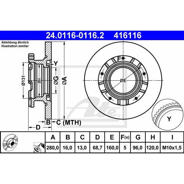 Слика на кочионен диск ATE 24.0116-0116.2 за Ford Transit Platform 2.2 TDCi - 85 коњи дизел