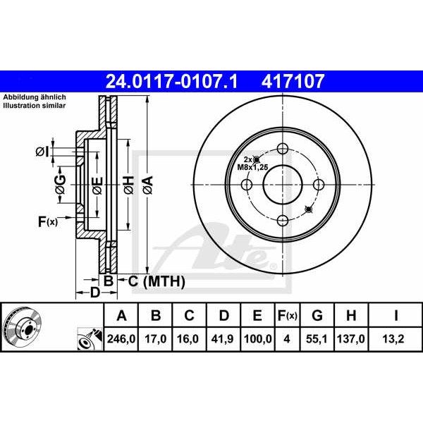 Слика на кочионен диск ATE 24.0117-0107.1 за Daihatsu Copen 1.3 - 87 коњи бензин