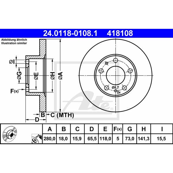 Слика на кочионен диск ATE 24.0118-0108.1 за Fiat Ducato BOX 230L 2.0 - 109 коњи бензин