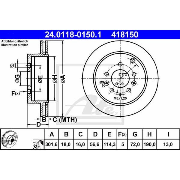 Слика на кочионен диск ATE 24.0118-0150.1 за Mazda CX-7 (ER) 2.3 AWD - 248 коњи бензин